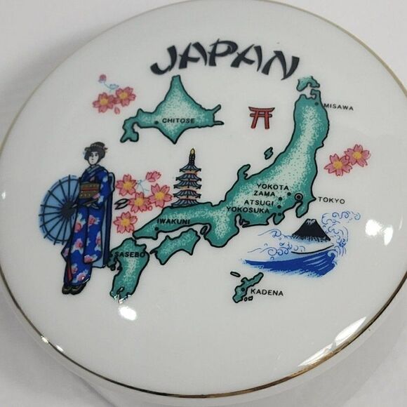 Porcelain Japan 2" x 3.5" Map Round Trinket Box - Picture 6 of 6